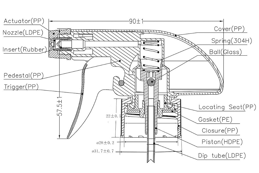 Trigger pump 28/410 drawing and measurements